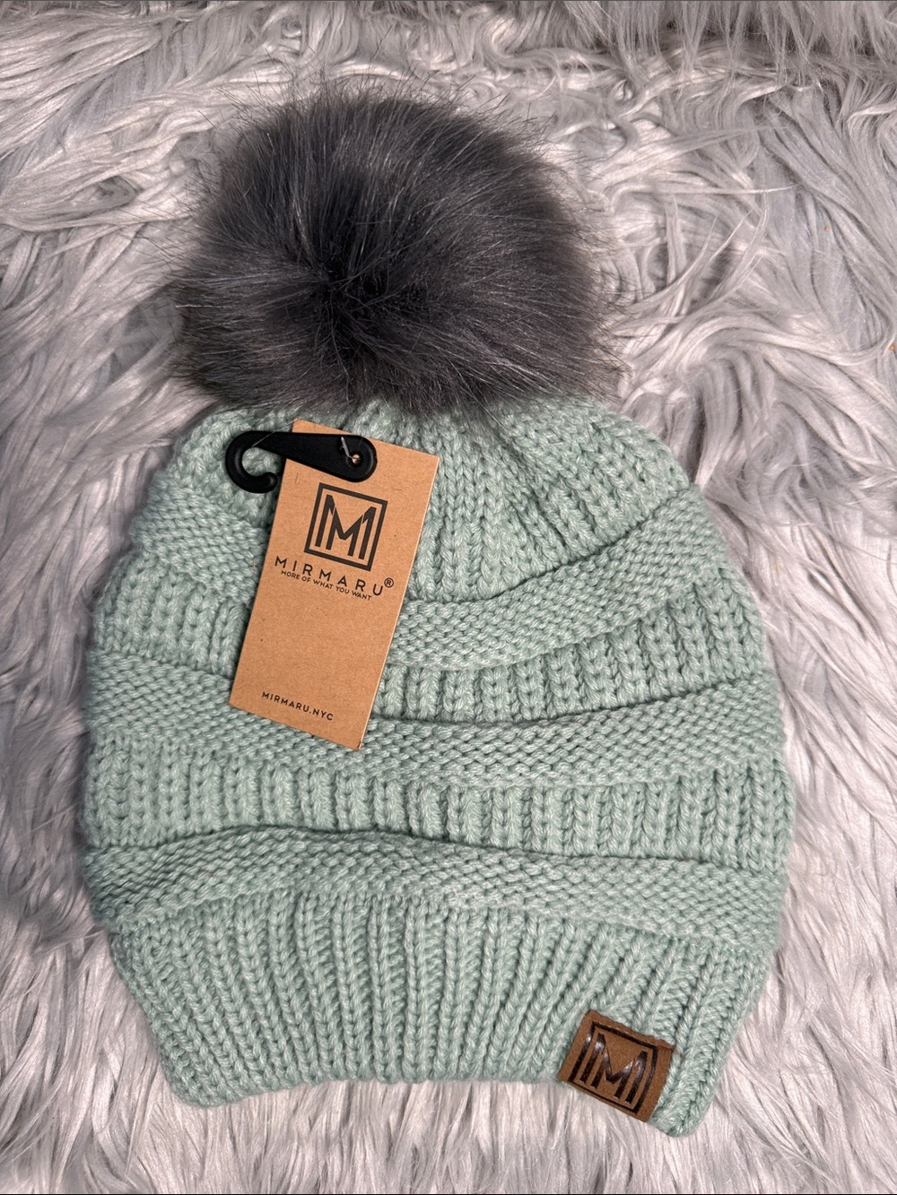 Mirmaru Mint Knit Pom Beanie Hat NWT - Picture 1 of 8